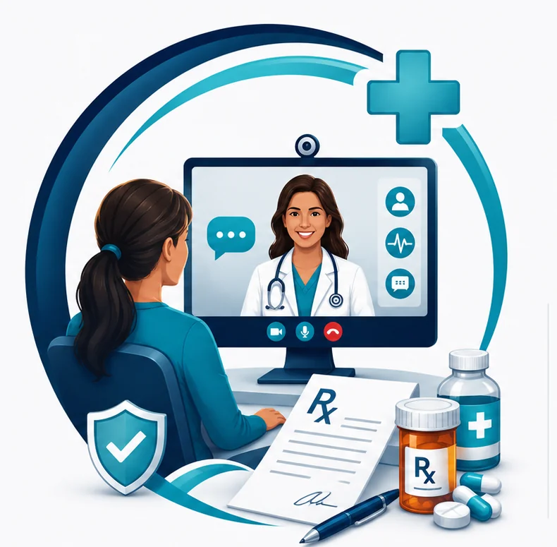 Illustration of a patient having a video visit with Dr. Harding, with a prescription and medications on the desk