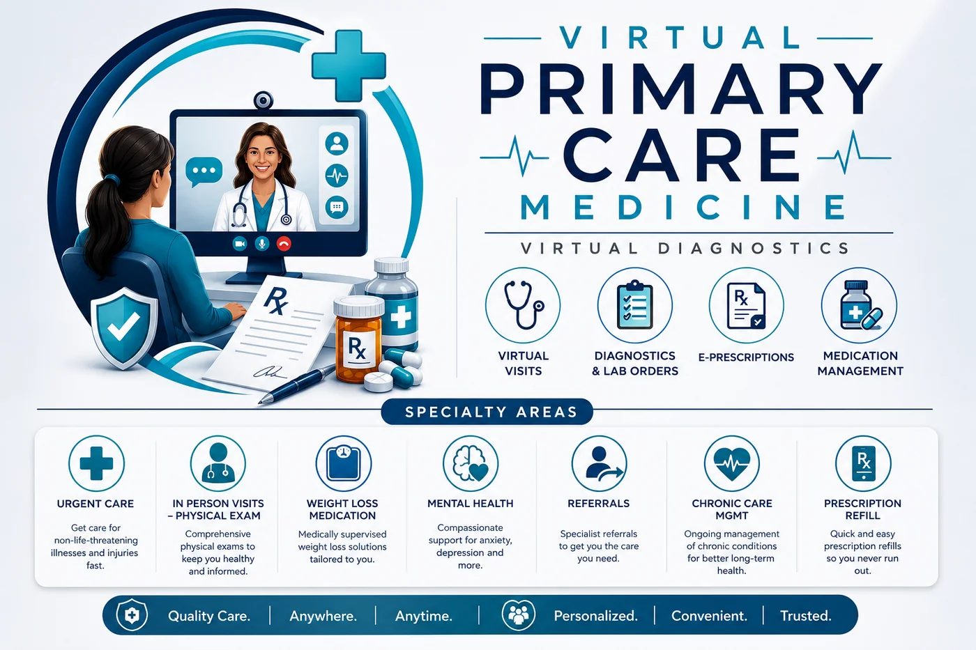 VPCM services overview: virtual visits, diagnostics and lab orders, e-prescriptions, and medication management
